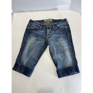 Hint Jeans‎ Girls Size 7 Bermuda Denim Shorts Blue Stretch Flap Pockets Cuffed